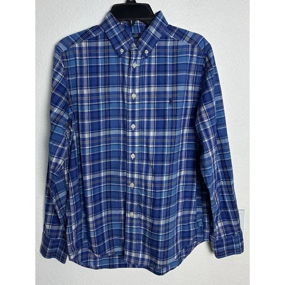 Ralph Lauren Performance Plaid Button-Down Shirt - Blue Kid's Size L 14-16